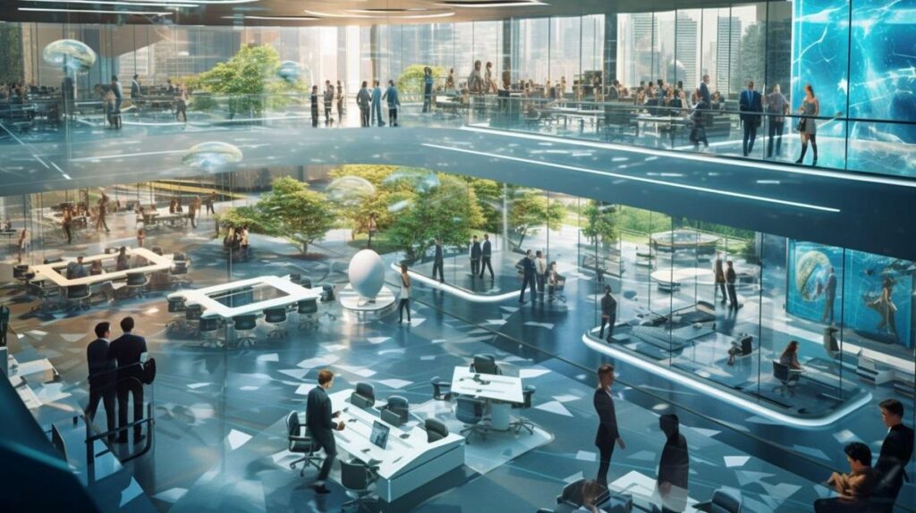 A hyperrealistic image of a futuristic corporate office showcasing the power of AI in business.